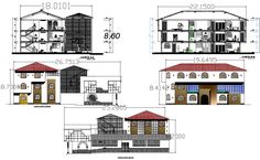 four different views of the front and side of a house, with measurements for each building