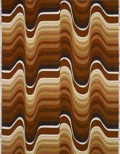 an abstract painting with wavy lines in brown and tan colors on a white wall behind it