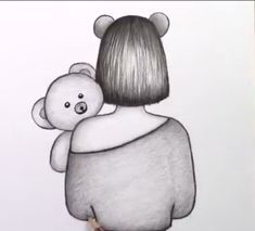 a drawing of a woman holding a teddy bear with her back turned to the camera