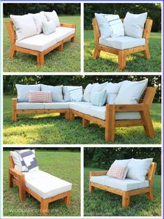 four pictures of different types of outdoor furniture in the grass, including couches and chaise lounges