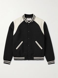 Collegiate styles heavily inspire CELINE HOMME's 'Teddy' varsity jacket. A brand signature, even without logos or branding, it's made from weighty virgin wool-blend and finished with leather trims. Channel the brand's mod inspirations by teaming it with black skinny jeans. Contrasting Trim, Estilo Preppy, Boutique Online, Black And White Colour, Fall Wardrobe, Denim Pant, Black Wool, Womens Clothing Tops, Stand Up