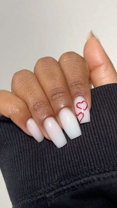 Acrylic Nail Designs Red And White, Simple Nails Red And White, White Toes And Nails, White Nails With Red Heart, White Nails With Flowers, Nails With Red Heart, Nails With Rhinestones White, Glitter White Nails, White Nails With Diamonds