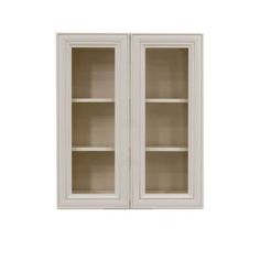 a white cabinet with two glass doors on the front and one door open to show shelves