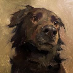 an oil painting of a brown dog looking at the camera with his head tilted to the side