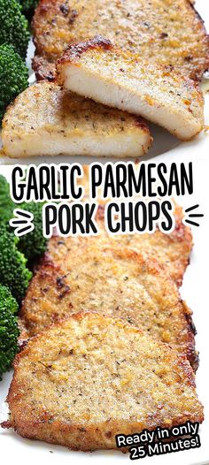 baked garlic parmesan pork chops on a plate with broccoli in the background