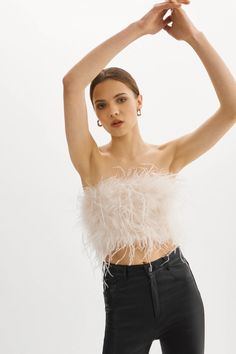 ZAINA | Feather Bustier – LAMARQUE Luxury Elegant Feathered Skirt, Luxury Elegant Tops With Feather Trim, Luxury Bustier Party Tops, Luxury Party Bustier Tops, Feather Top Maje, Luxury Chic Tops With Feather Trim, Luxury Fitted Tops With Feather Trim, Luxury Feather Trim Top For Fall, Chic Luxury Tops With Feather Trim