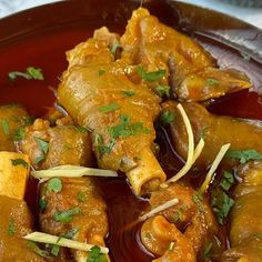 a bowl filled with meat covered in sauce and garnished with cilantro