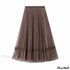 Olivia Mark - Classic Solid Color Maxi Skirt with Pleated Design, Elegant Lace Trim, and Flowy Tulle Overlay Yarn Skirt, Elegant Skirts, Womens Pleated Skirt, Gauze Skirts, Brown Outfit, Elegant Skirt, Mesh Skirt, Halterneck Dress, Types Of Skirts