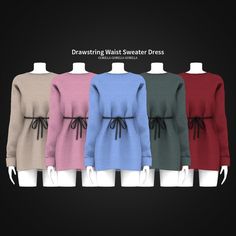 four different colored sweaters on mannequins with black and white text reading drawing waist sweater dress