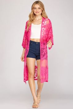 She + Sky Embroidered mesh lace oversized kimono sleeve midi cardigan, half sleeves, woven. Romantic and pretty for any occasion and any season. Timeless. Colors: Black, Fuchsia, Lilac Grey, Taupe (for our other color Cream click here) Roomy oversize wide loose fit. measured flat one side: S/M Bust 23" across, Length 39-40" M/L Bust 25" across, Length 40-41" 100% Polyester, hand wash cold, imported our model is 5' 8" SL4261R7 Spring Festival Lace Cover-up, Spring Beach Cover-up With Lace Trim, Chic Cover-up For Spring Festival, Spring Lace Trim Beach Cover-up, Chic Spring Festival Cover-up, Spring Lace Trim Cover-up, Oversized Cardigan For Spring Festival, Trendy Summer Party Cardigan, Spring Day Out Cover-up With Lace Trim