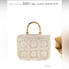 a white purse with a bamboo handle and handles on the front, next to an image of