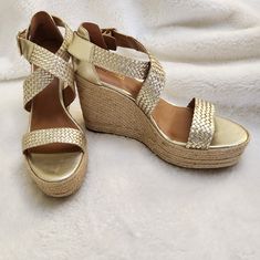 Beautiful Braided Leather Criss Cross Sandals By Martha Stewart For Aerosoles. Gold Metallic Leather With Rope Wedge. Size 11 . Buckle Closure. Heel Is 4.5 With A 1.5 Platform In Front. Very Comfortable . Brand New In Box . Gold Open Toe Heels With Woven Sole, Summer Gold Heels With Cushioned Footbed, Gold Open Toe Espadrilles, Gold Heels With Cushioned Footbed For Summer, Gold Synthetic Wedge Sandals With Cushioned Footbed, Gold Synthetic Sandals For Beach Season, Gold Open Toe Wedge Sandals For Beach Season, Gold Wedge Sandals With Cushioned Footbed For Vacation, Gold Wedge Sandals With Woven Sole For Beach