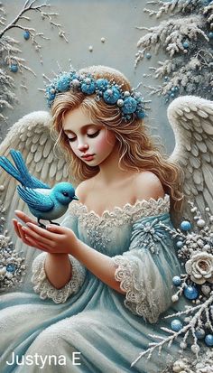 a painting of an angel holding a blue bird