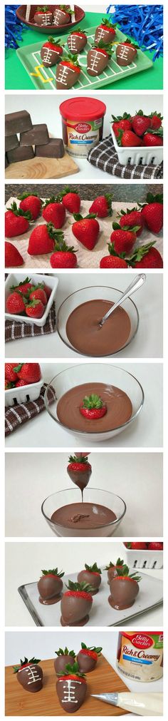 chocolate desserts and strawberries are arranged on trays