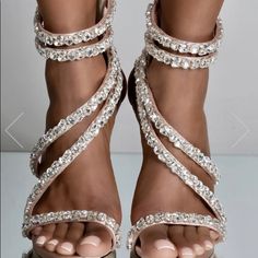 Worn Once On Birthday Indoor For 2 Hours, Literally. Too High So Ended Up Taking Off The Heels. In Box. With Receipt. Straps Heels, Crystal Heels, Super High Heels, Stiletto Sandals, Crystal Chain, Open Toe Sandals, Brown Sandals, Sandal Fashion, Bank Transfer