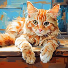 an orange and white cat laying on top of a wooden table