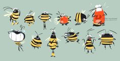 some very cute cartoon bees with different expressions on their faces and body, all in various poses