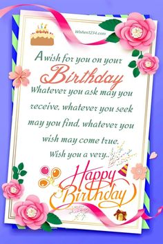 a birthday card with pink flowers on it and a happy message in the bottom right corner