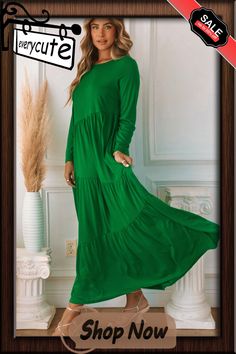 Green Asymmetrical Tiered Long Sleeve Maxi Dress Green Long Sleeve Asymmetrical Dress For Spring, Casual Asymmetrical Midi Dress For Fall, Green Midi Dress With Asymmetrical Hem For Fall, Casual Green Asymmetrical Maxi Dress, Green Asymmetrical Midi Dress Casual, Green Asymmetrical Midi Dress Casual Style, Casual Green Asymmetrical Midi Dress, Sleeve Maxi Dress, Long Sleeve Maxi