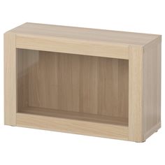 a wooden shelf with no doors on the top and bottom section, in light wood