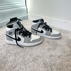 Custom High Top Jordan’s, Size 7, Worn Twice And In Great Condition, No Creases And No Spots On The Shoes, Gray Black And White Jordans 1 Gray, Nike Shoes Gray, Jordan 1 Gray, High Top Jordans, Grey Jordans, Custom Jordans, Jordan Grey, Nike High Tops, Black Jordans