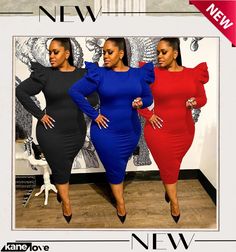 Plus Size Solid Puff Sleeve Slim Midi Dress Long Sleeve Bodycon Midi Dress, Midi Bodycon Dress, Ruffle Long Sleeve, Long Sleeve Midi, Pencil Dress, Puff Sleeve, New Dress, Bodycon Dress, Midi Dress