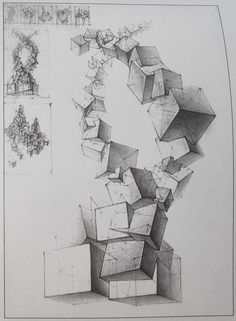 an abstract drawing on paper with various shapes and lines in the middle, including cubes