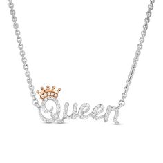 Proclaim your regal status with this charming diamond necklace. Created in sterling silver, this majestic look features the word "Queen" sculpted in a diamond-touched script font. A 10K rose gold crown shimmers with diamonds atop the "Q" to complete the style. Radiant with 1/6 ct. t.w. of diamonds and a bright polished shine, this design suspends centered along an 18.0-inch cable chain that secures with a spring-ring clasp. White Gold Name Necklace With Diamond Accents, Fine Jewelry White Gold Diamond Name Necklace, Sterling Silver Name Necklace With Diamond Accents, Rose Gold Sterling Silver Diamond Necklace, Rose Gold Diamond Necklace With Sterling Silver Accents, Formal Diamond Name Necklace, Betty Boop Jewelry, Queen Necklace, Rose Gold Crown