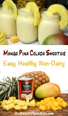 mango pineapple and coconut smoothie in mason jars