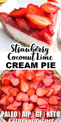 strawberry coconut lime cream pie with text overlay