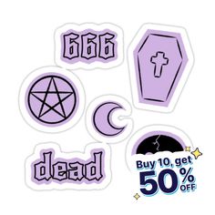 various stickers with the words and symbols for halloween on them, including a bat, tombstone