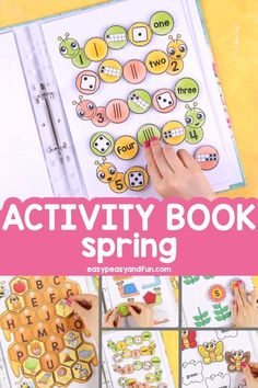 an activity book with the words spring written in it and pictures of animals, letters, and