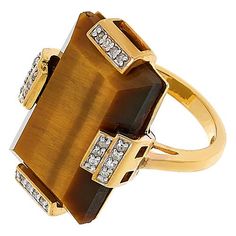 Rarities Rectangular Gemstone and Diamond Gold-Plated Ring This modern statement ring wows with a diamond-accented, prong-set geometric gemstone center.       Approx. 1"L x 11/16"W x 1/4"H; shank 1/16"W     Stamped .925 sterling silver; gold plating, rhodium accenting   Stone Information       All sizes and weights approximate     Labradorite - Rectangular (23x15mm)     Tiger's Eye  - Rectangular (23x15mm)     Malachite - Rectangular (23x15mm)     Rose Quartz - Rectangular (23x15mm)     White Di Diamond Wrap Ring, Gold Gemstone Ring, Ring Crafts, Modern Ring, Topaz Stone, Diamond Gold, Personalized Rings, Elegant Ring, Gold Plated Rings