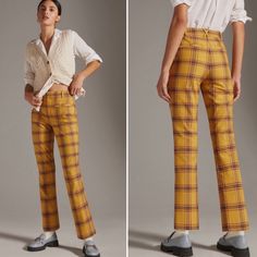 Anthropologie Essential Collection Slim Kick Flare Pants Size 10 Color: Chartreuse Plaid New Without Tags, No Flaws. Tailored Trousers Mean Business. That's Why We Designed Our Essentials By Anthropologie Collection To Keep You Polished And Comfortable Well Past The Confines Of 9-To-5. Machine Washable For Fuss-Free Care, These Slimming Pants Can Be Worn On Repeat: In An Endless Array Of Colors And Finishes, You're Sure To Find More Than One Perfect Pair To Suit Your Style. Top Rated Seller + Fa Retro High-waisted Pants For Fall, Fall Retro High-waisted Pants, Retro Straight Leg Pants For Fall, Plaid Tapered Leg Pants For Fall, Retro Straight Leg Bottoms For Fall, Retro Straight Leg Fall Bottoms, Plaid Workwear Bottoms With Belt Loops, Retro Straight Pants For Work, Retro Trousers For Workwear