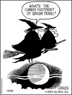 two witches sitting on top of each other in front of a ball with the caption what's the carbon footprints of broom travel?