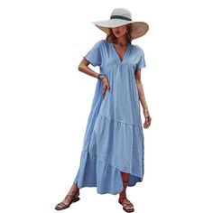 Chic Asymmetric Hem Long Dresses for Women Summer Dress New Elegant V-neck Loose Solid V-neck Cotton A-line Dress Flowy V-neck Solid Color Dress, Flowy Solid Color V-neck Dress, Flowy V-neck Dress In Solid Color, Solid Color V-neck Maxi Dress For Beach, Solid Color V-neck Maxi Dress For Vacation, V-neck Maxi Dress For Vacation, Spring V-neck Maxi Dress In Solid Color, Solid Color A-line Beach Dress, Spring Beach A-line V-neck Dress