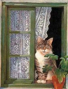 a cat sitting in a window sill next to a potted plant