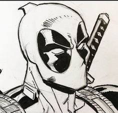 a black and white drawing of a deadpool character holding a knife in his hand