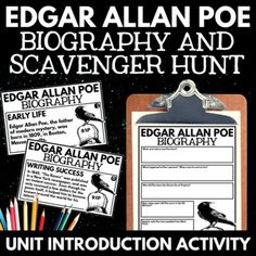 Edgar Allan Poe Biography with Reading Passage, Comprehension Questions, and Scavenger Hunt Activity! Students hunt for fact cards hung around the classroom, hallway, or outdoor space, and record what they find on the included Edgar Allan Poe activity pages. A traditional reading passage and compre... Passage Comprehension, Introduction Activities, Close Reading Activities, School Creative, Middle School Reading, Allen Poe, Teacher Lessons, Edgar Allen Poe, Stuff For Free