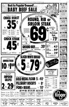 an advertisement for baby beef sale with prices in black and white, including steaks