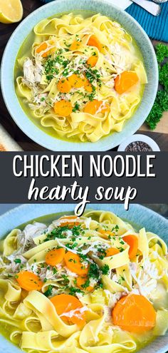 chicken noodle hearty soup with carrots and parsley in a blue bowl