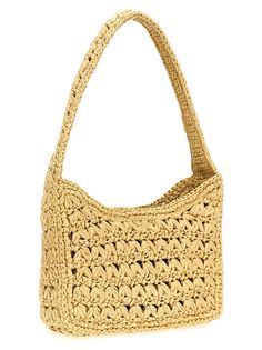 '3. 5' crocheted raffia shoulder bag, magnetic closure, front logo embroidery. Composition: 100% viscose Beige Crochet Bag With Intrecciato Weave For Shopping, Summer Beige Crochet Bag With Intrecciato Weave, Beige Crochet Bag With Intrecciato Weave For Beach, Beige Intrecciato Weave Crochet Beach Bag, Beach Shoulder Bag With Intrecciato Weave In Straw, Beach Crochet Bag With Intrecciato Weave, Beach Crochet Bag With Intrecciato Weave In Straw, Beach Crochet Straw Bag With Intrecciato Weave, Straw Bags With Intrecciato Weave For Spring