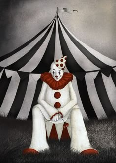 a painting of a clown sitting in front of a tent