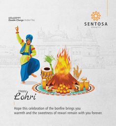 an advertisement for the celebration of bonfires in india, featuring a man dancing around a fire