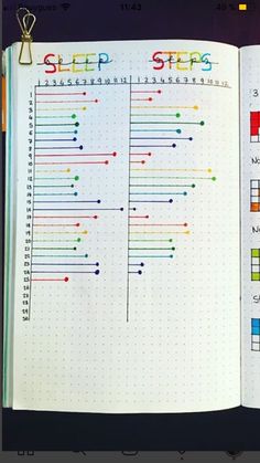 an open notebook with colorful lines and numbers on it, showing the steps in each step