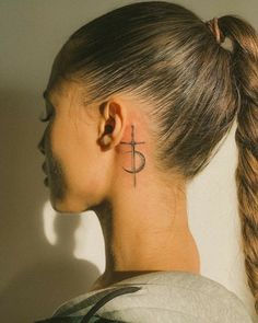 Sword - moon Back Ear Tattoo, Small Neck Tattoos, Behind Ear Tattoos, Throat Tattoo, Back Of Neck Tattoo, Neck Tattoos Women, Neck Tattoos, Face Tattoos, Discreet Tattoos