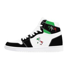 Italia Flag Map High-Top Leather Black Sneakers. Cool and original gift idea for Italians and/or Italy lovers. Designed with the amazing colors of the Italian flag. Features: * Soft EVA soles for all over printing high top leather shoes * Leather upper, mesh cloth lining and EVA padded insoles * Complete with eyelets and a lace up closure for a classic look * Perfect for every season, wear them all year round Italian Pride, Italy Flag, Italian Flag, Youth Shoes, Shoes Photo, Knit Sneakers, Shoe Gifts, Unique Shoes, Black Sneakers