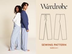 two people standing next to each other in pajamas and pants with the words, sewing pattern