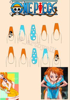 Anime Based Nails, Anime Nails Art Ideas, Nami Nails One Piece, One Piece Anime Nails Designs, Anime Theme Nails