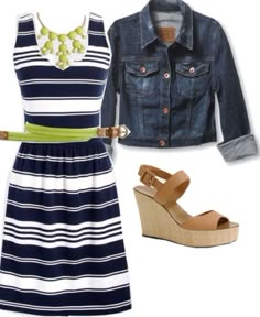 Love the navy stripe dress. (I like Navy, I like stripes). Love it paired with jean jacket (I own one!) Also like that it has thicker straps to hide bra straps. (SB) Mode Rockabilly, Stitch Fix Outfits, Tan Wedges, Mode Casual, Pink Sandals, Marmaris, Cooler Look, The Navy